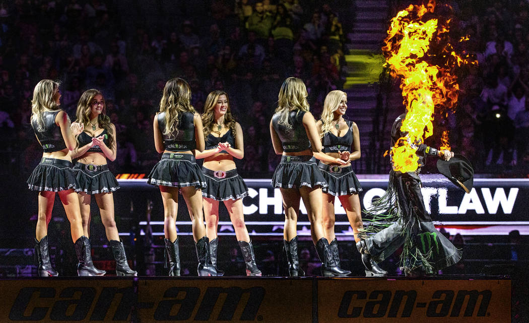 Chase Outlaw appears to be in flames as he's introduced to the fans during the third day of the ...