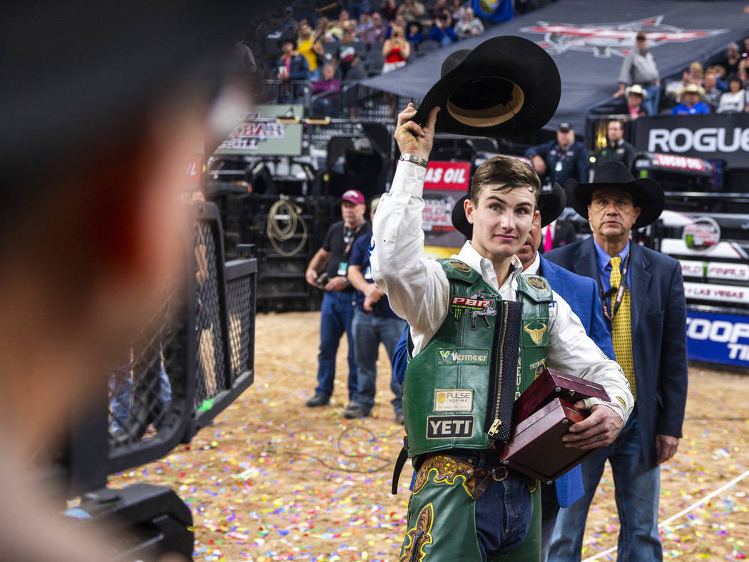 Jess Lockwood thanks the fans after being awarded the 2019 PBR World Finals Champion at T-Mobil ...