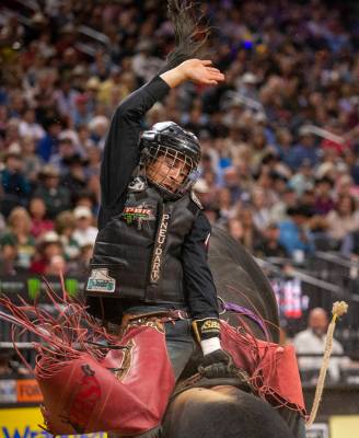 Dalton Kasel stays loose atop of Fearless during the final round on the last day of the PBR Wor ...