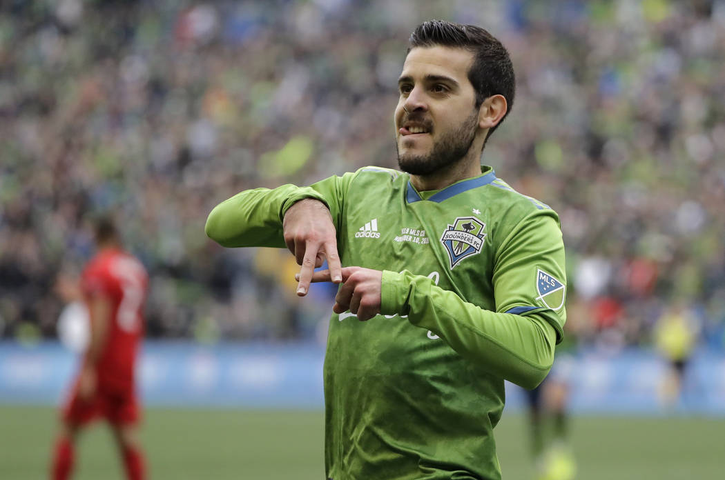 Seattle Sounders' Victor Rodriguez celebrates after scoring against the Toronto FC, Sunday, Nov ...