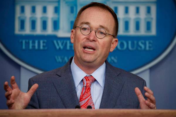 FILE - In this Oct. 17, 2019 file photo, acting White House chief of staff Mick Mulvaney speaks ...