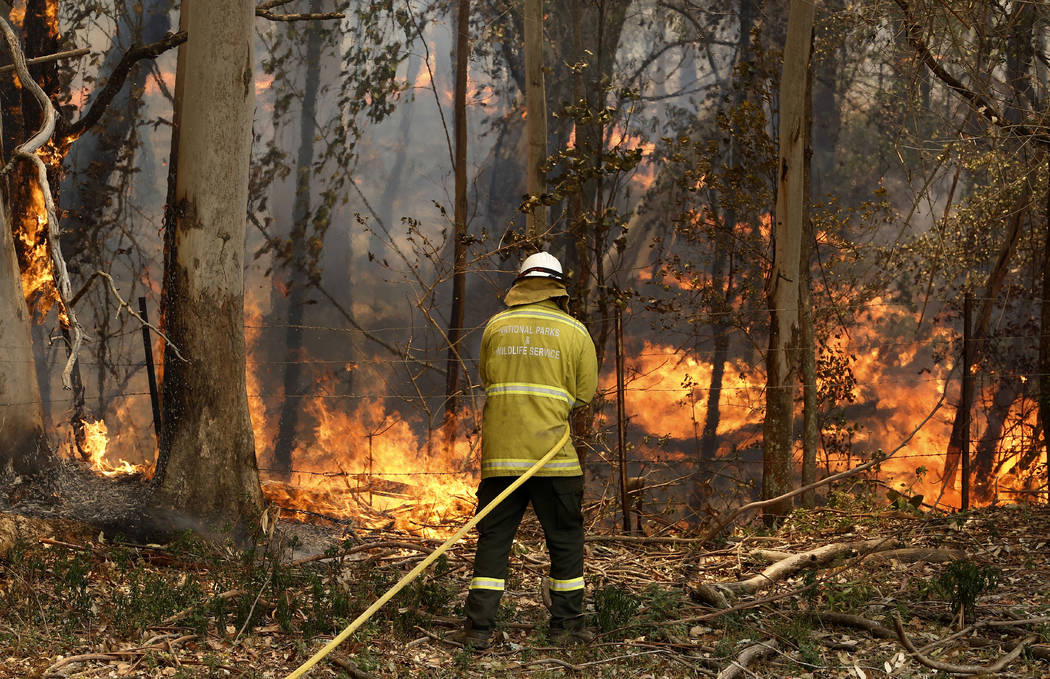 A National Parks and Wildlife crew member fights flames at Half Chain road at Koorainghat, near ...