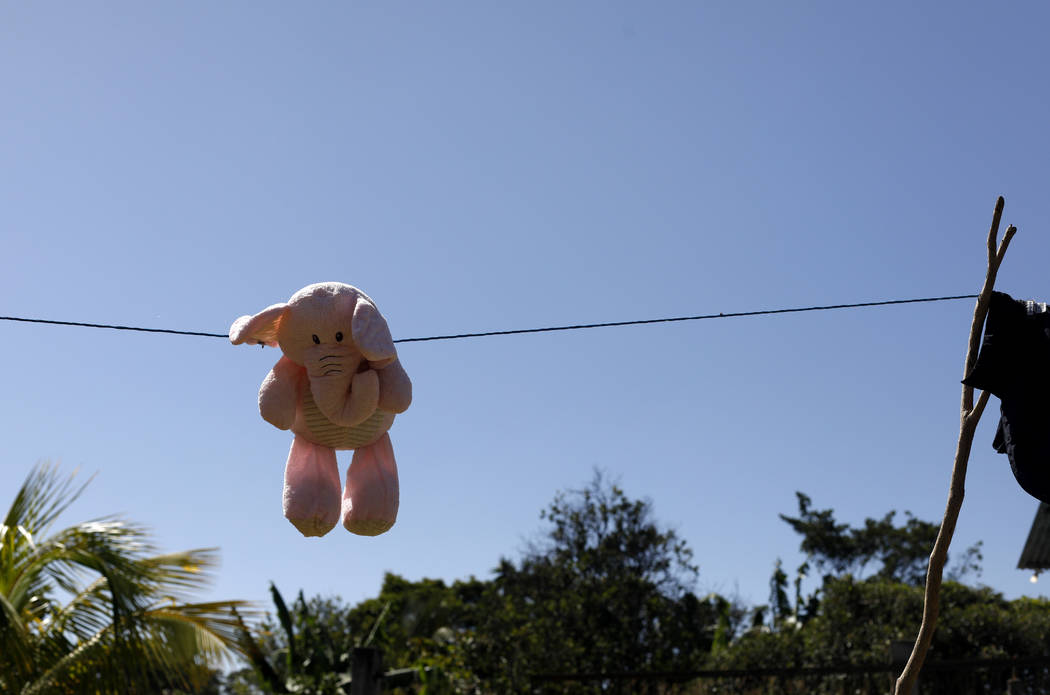 This Aug. 23, 2019, photo shows a stuffed animal hanging to dry at the Comayagua, Honduran home ...