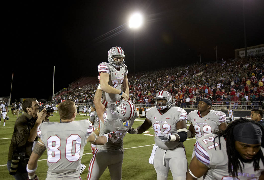 UNLV kicker Nolan Kohorst celebrates after making a 44-yard field goal to beat Hawaii 39-37 at ...