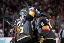 The Golden Knights' celebrate their fifth goal of the night during the third period of their ga ...