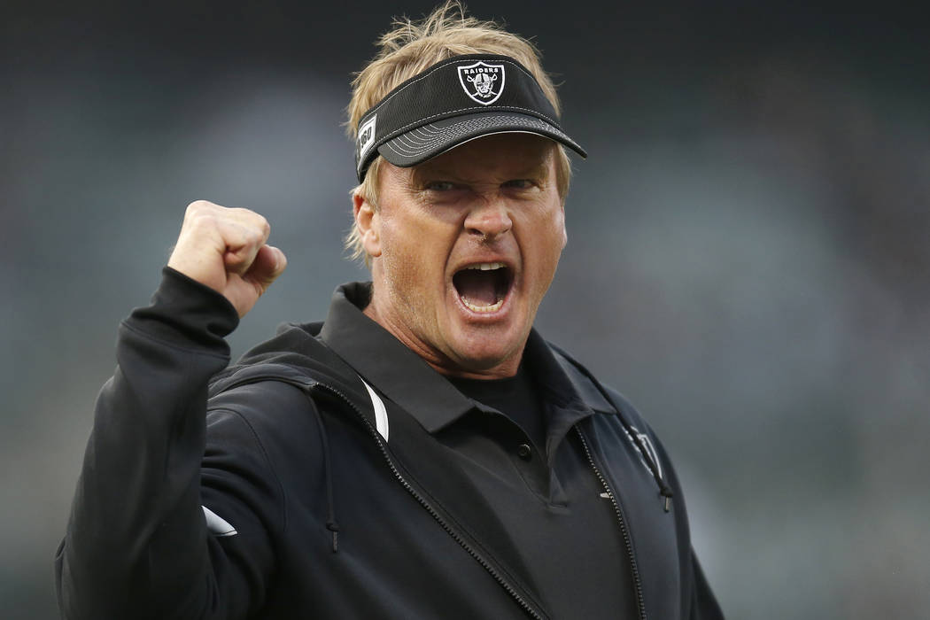 Oakland Raiders coach Jon Gruden gestures before the team's NFL football game against the Los A ...