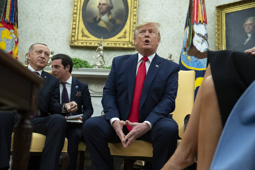 President Donald Trump speaks during a meeting with Turkish President Recep Tayyip Erdogan in t ...