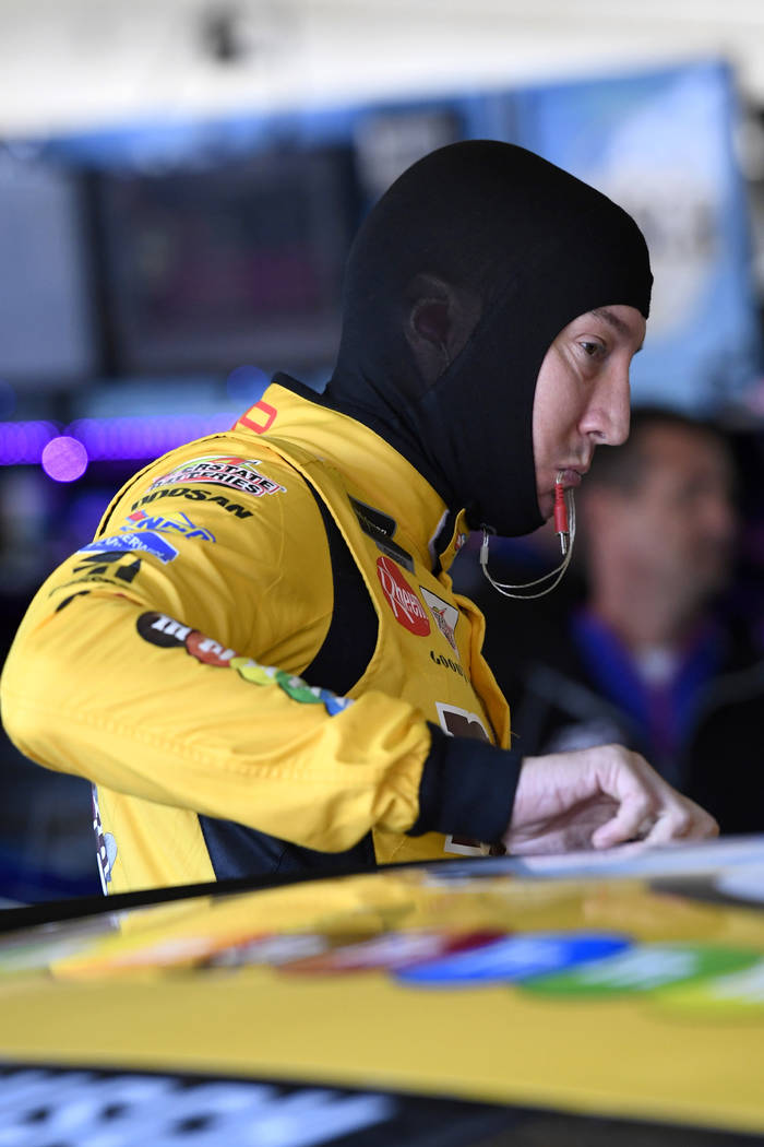 Kyle Busch prepares for NASCAR Cup Series auto racing practice at Texas Motor Speedway on Frida ...