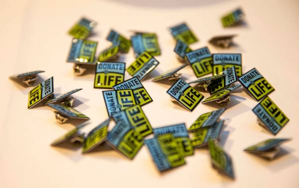 Pins from the Nevada Organ Donor Network available at the event honoring Jacob Jimmerson at the ...