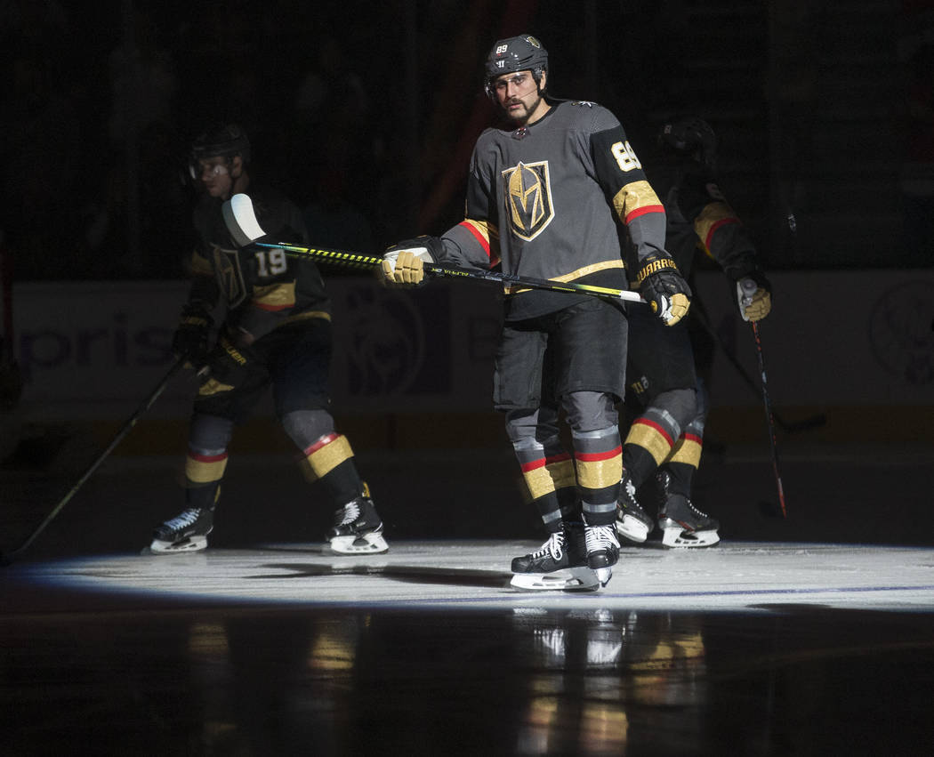 Vegas Golden Knights right wing Alex Tuch (89) warms up before the start of their NHL hockey ga ...