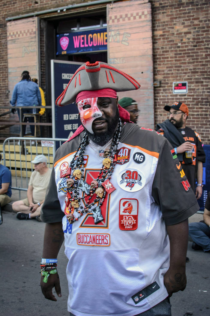 Tampa native and Buccaneer fan Jamal Sanders supports his team during the NFL Draft, Friday, Ap ...