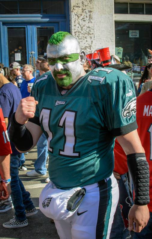 Philadelphia Eagles fan Jamie Pagliei supports his team during the NFL Draft, Friday, April 26, ...