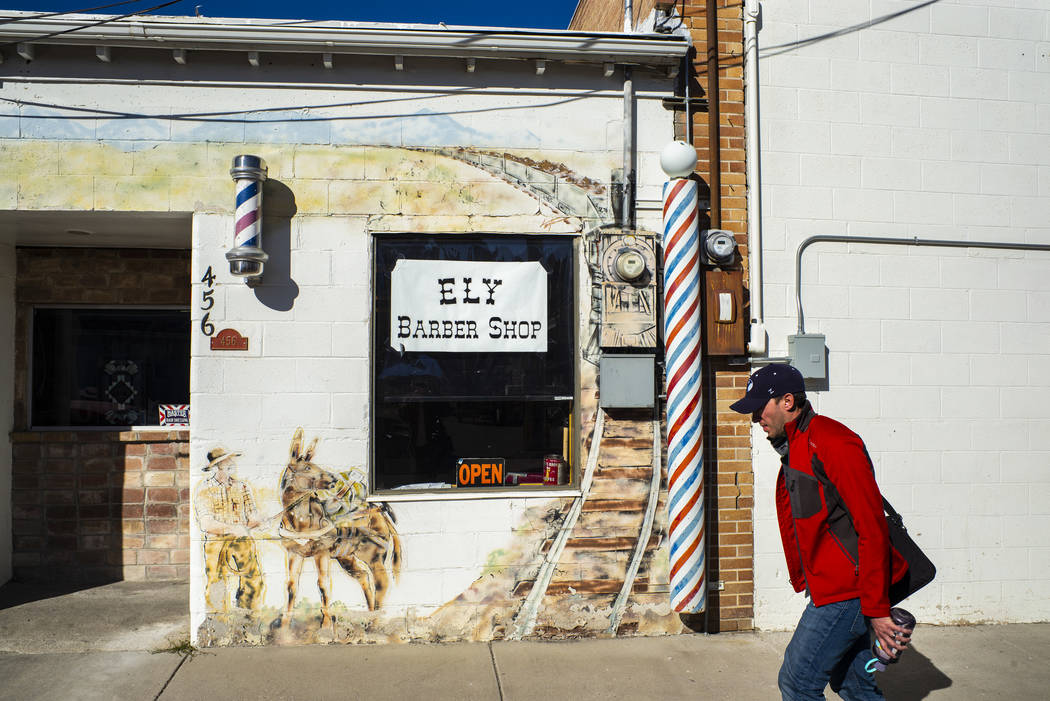 Ely Mayor Nathan Robertson heads to city hall in Ely on Tuesday, Nov. 5, 2019. (Chase Stevens/L ...