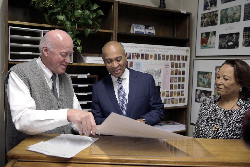 Democratic presidential candidate former Massachusetts Gov. Deval Patrick hands back to New Ham ...