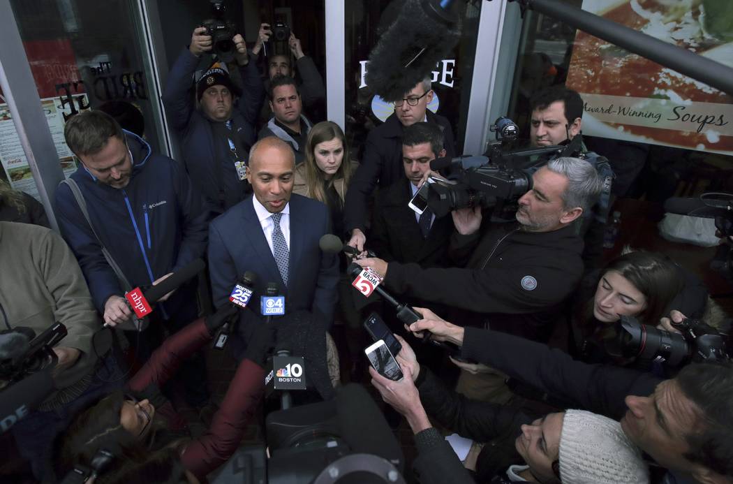 Democratic presidential candidate former Massachusetts Gov. Deval Patrick speaks to media outsi ...