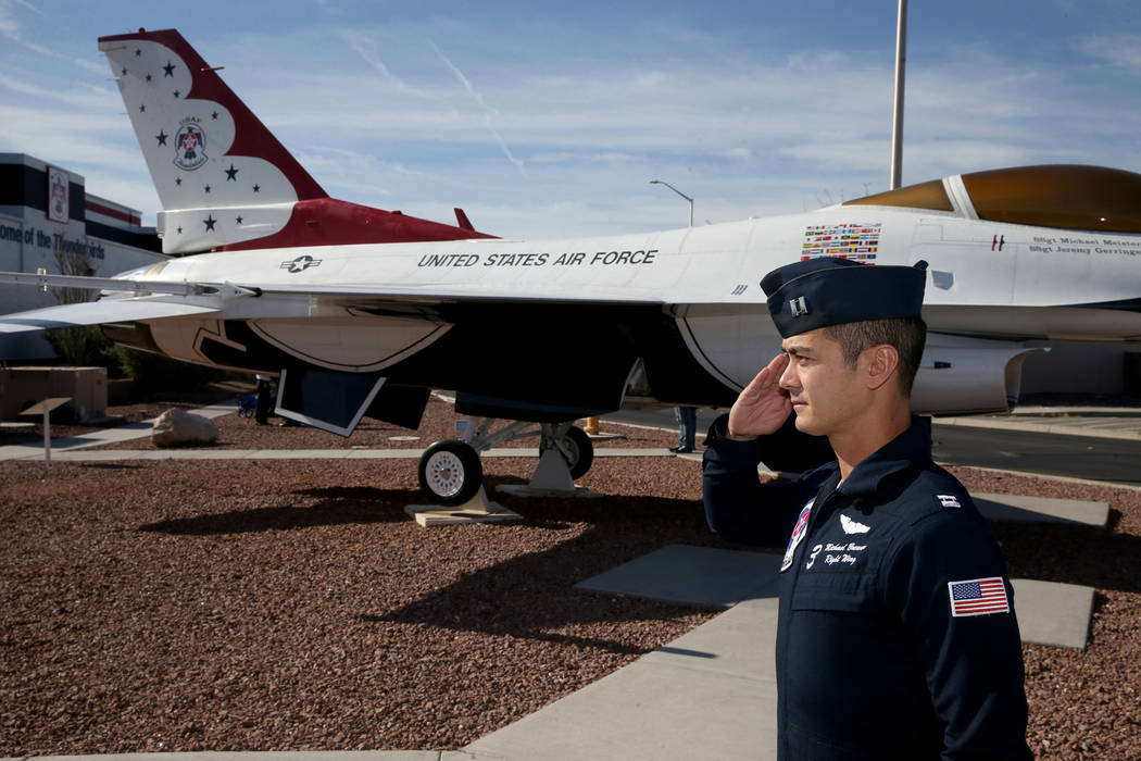 Thunderbird Capt. Michael Brewer, right wing number 3, at Aviation Nation 2019 Air Show preview ...