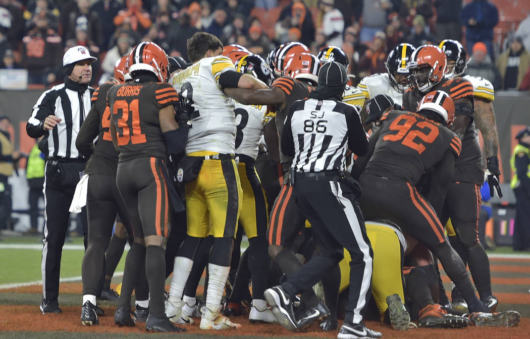 The Cleveland Browns and the Pittsburgh Steelers brawl during the second half of an NFL footbal ...