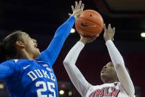 UNLV Lady Rebels forward Anna Blount (12) shoots over Duke Blue Devils forward Jade Williams (2 ...