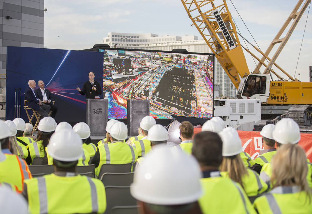 The Boring Company president Steve Davis, top/middle, speaks at the future location of one of t ...