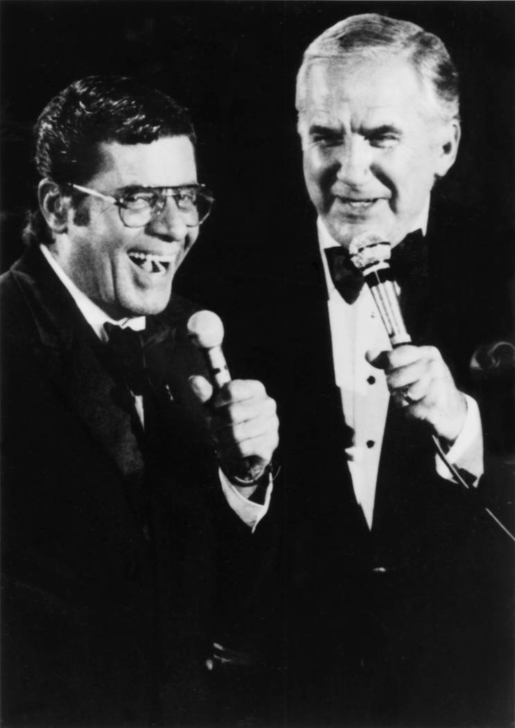 Jerry Lewis talks with Ed McMahon during the 24-hour broadcast of the Jerry Lewis Muscular Dyst ...