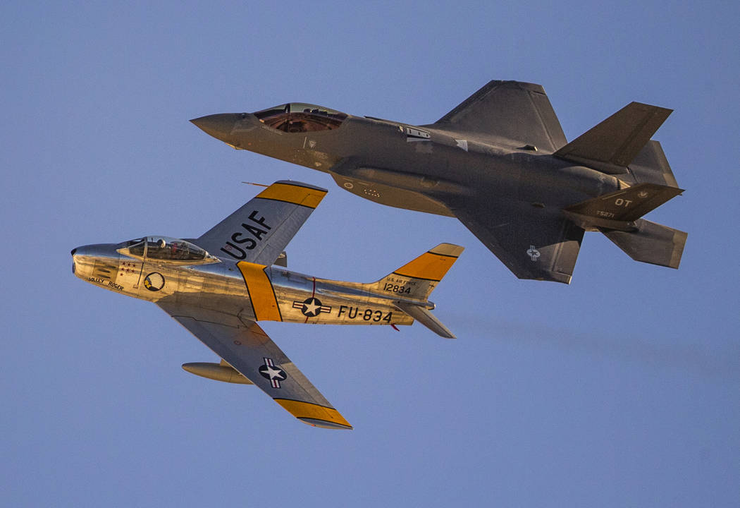 An F-86 Sabre, left, is paired with an F-35 Lightning II showing the advances in fighter aircra ...