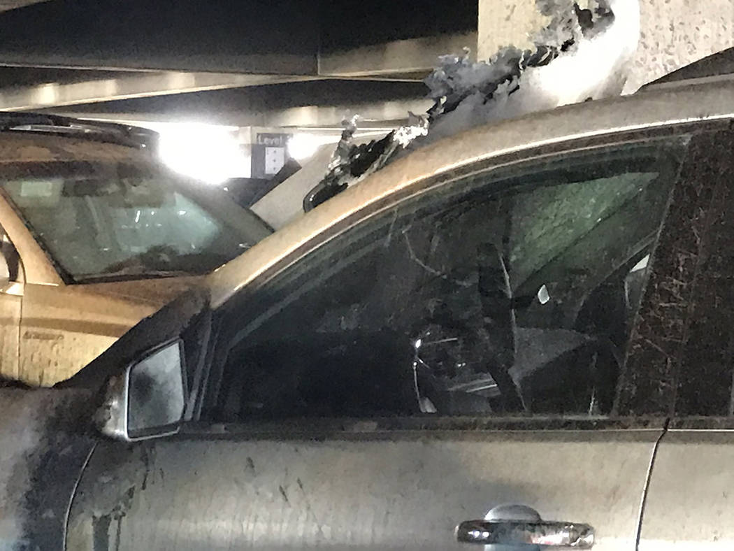 The aftermath of a car fire at McCarran International Airport Terminal 3 parking garage. (Julie ...