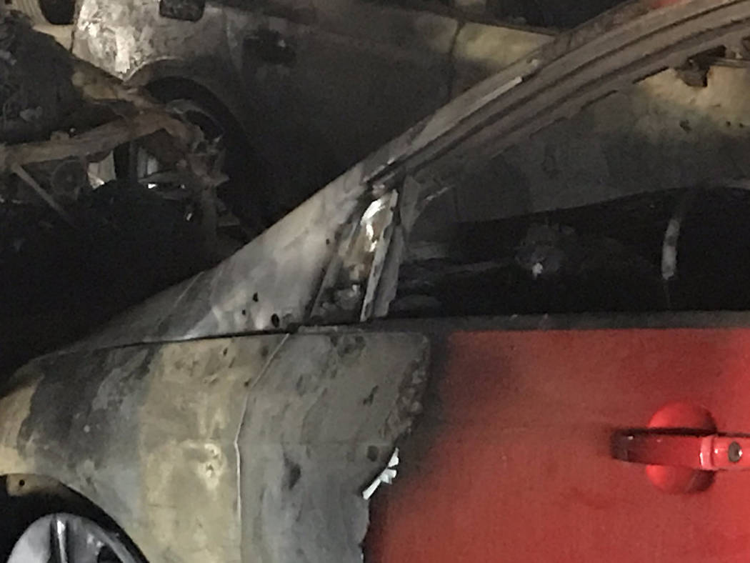 The aftermath of a car fire at McCarran International Airport Terminal 3 parking garage. (Julie ...