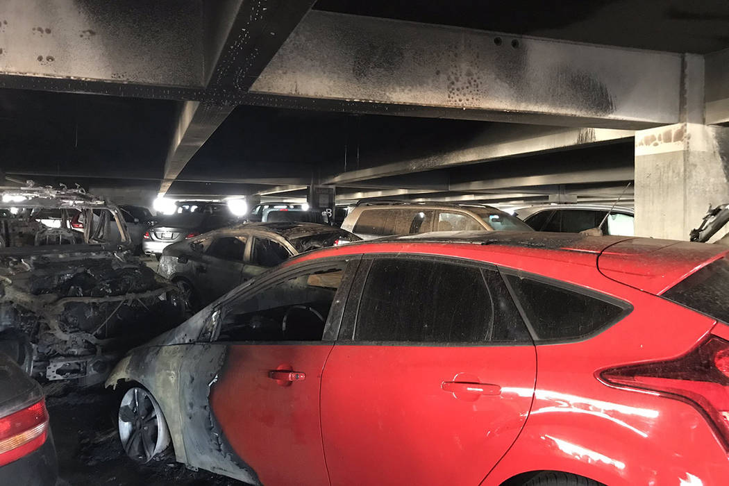 The aftermath of a car fire at McCarran International Airport Terminal 3 parking garage. (Julie ...