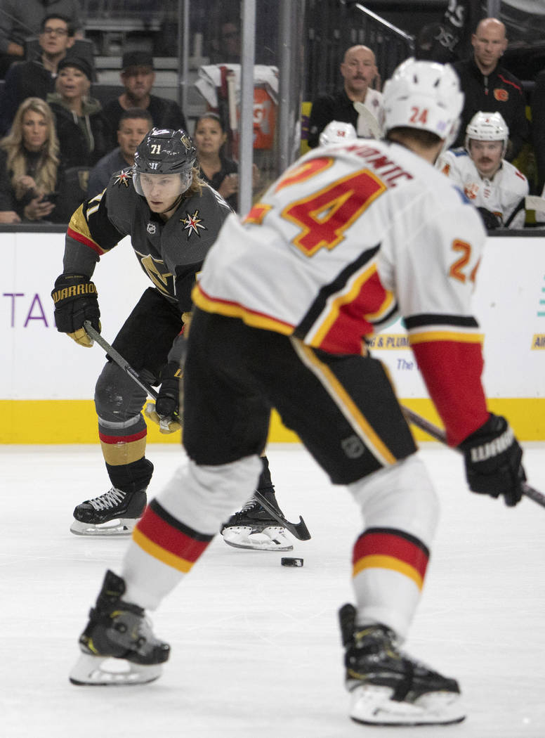 Golden Knights center William Karlsson (71) eyes the goal before scoring the first goal of the ...