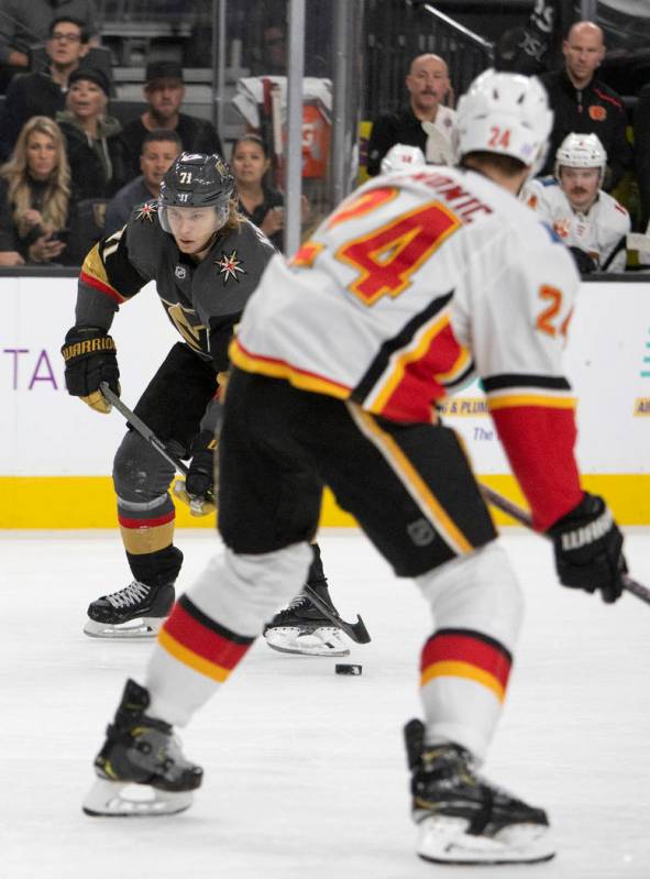 Golden Knights center William Karlsson (71) eyes the goal before scoring the first goal of the ...