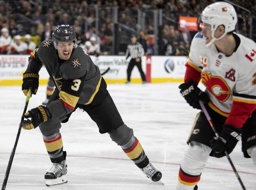 Golden Knights defenseman Brayden McNabb (3) skates toward the puck during the game against the ...