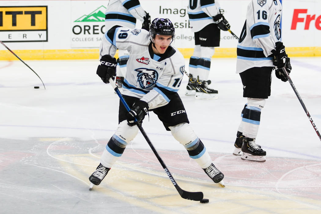 Golden Knights 2019 first-round pick Peyton Krebs warms up for the Winnipeg Ice before a game a ...