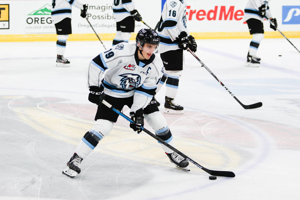 Golden Knights 2019 first-round pick Peyton Krebs warms up for the Winnipeg Ice before a game a ...