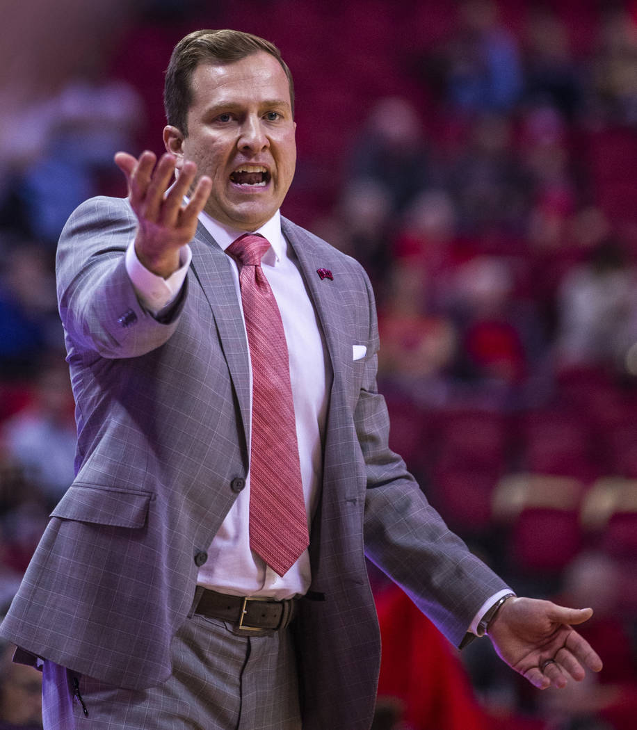 UNLV Rebels head coach T.J.Otzelberger calls in another offense versus the Abilene Christian Wi ...