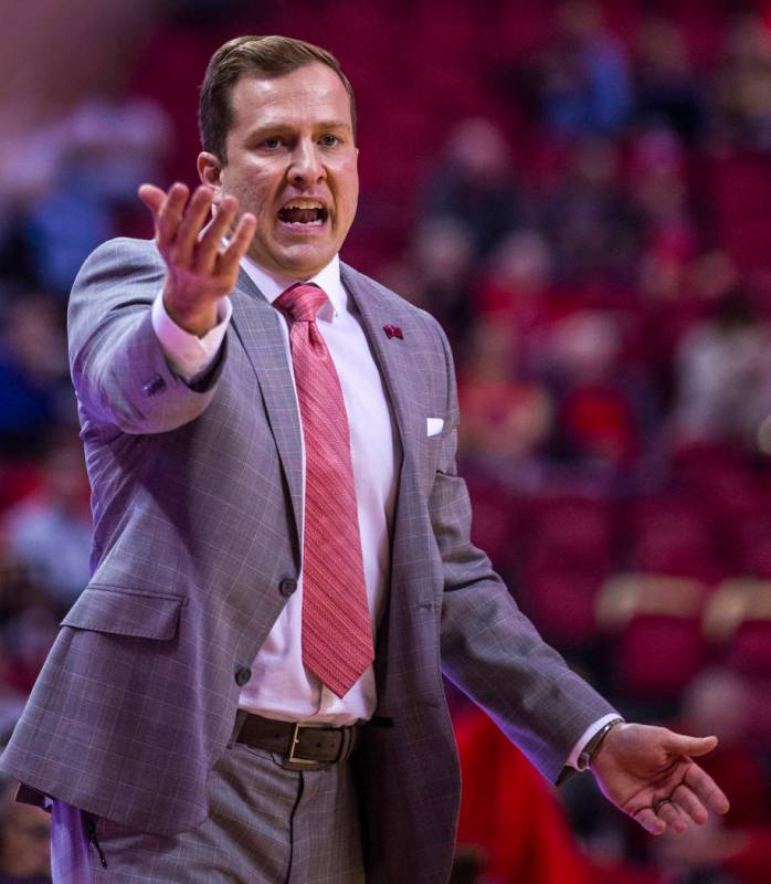 UNLV Rebels head coach T.J.Otzelberger calls in another offense versus the Abilene Christian Wi ...