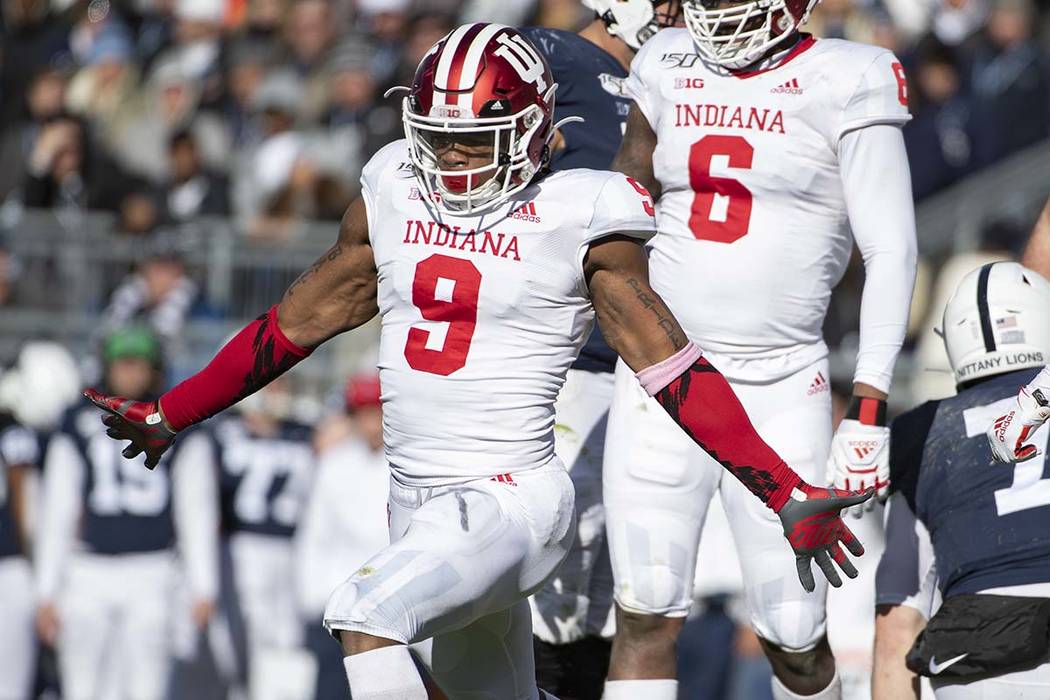 Indiana defensive back Marcelino Ball (9) celebrates after tackling Penn State quarterback Will ...