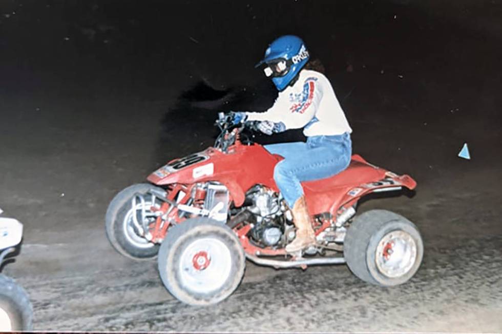 Kim Gervais drives her quad in 1985. She often spent weekends racing quads in the California de ...