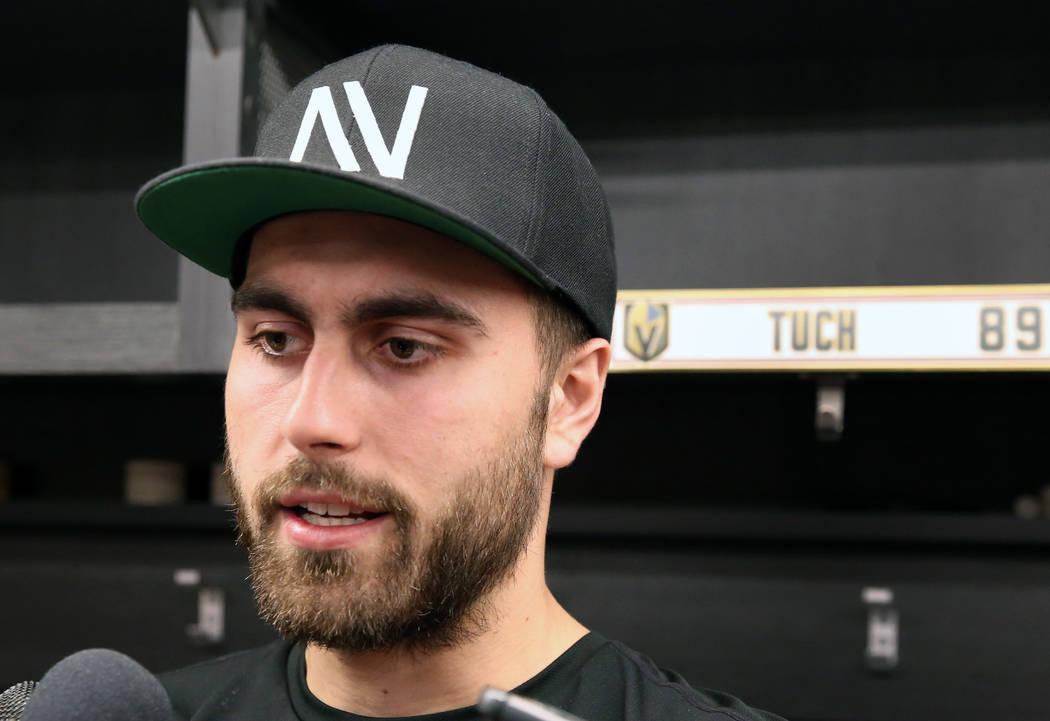Golden Knights right wing Alex Tuch addresses the media at City National Arena on Thursday, Apr ...