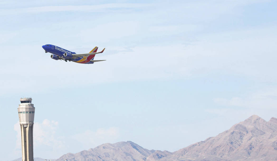 A Southwest Airlines plane takes off from McCarran International Airport on Thursday, July 25, ...