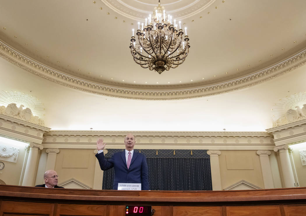 U.S. Ambassador to the European Union Gordon Sondland is sworn in to testify before the House I ...