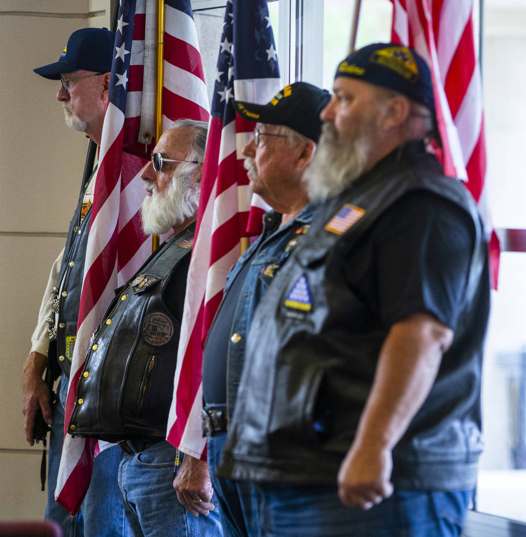 Nevada Patriot Guard Riders are the American flag holders during the third Missing in Nevada ce ...