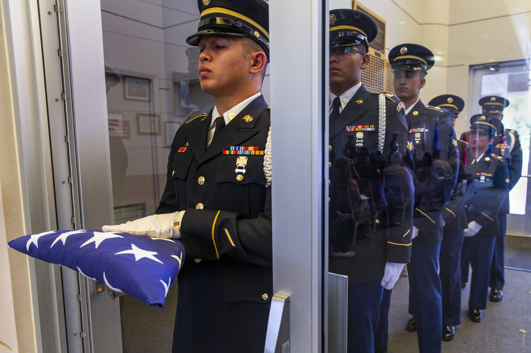 Army Honor Guard soldiers stand at the ready during the third Missing in Nevada ceremony at the ...