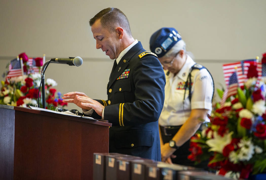 Army Chaplain Capt. Troy Dandrea gives an invocation during the third Missing in Nevada ceremon ...