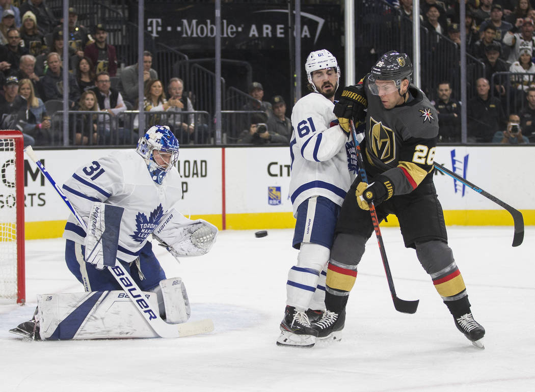 Vegas Golden Knights center Paul Stastny (26) shoots on Toronto Maple Leafs goaltender Frederik ...