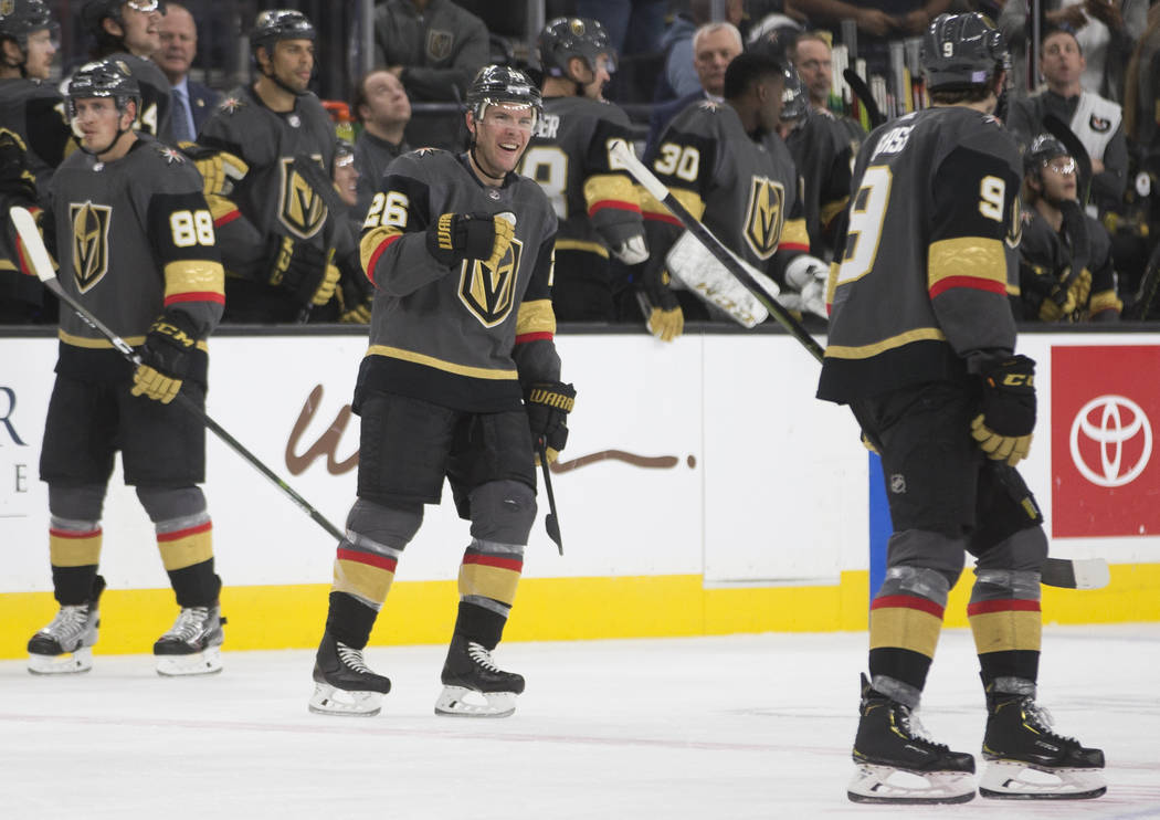 Vegas Golden Knights defenseman Nate Schmidt (88), Vegas Golden Knights center Paul Stastny (26 ...