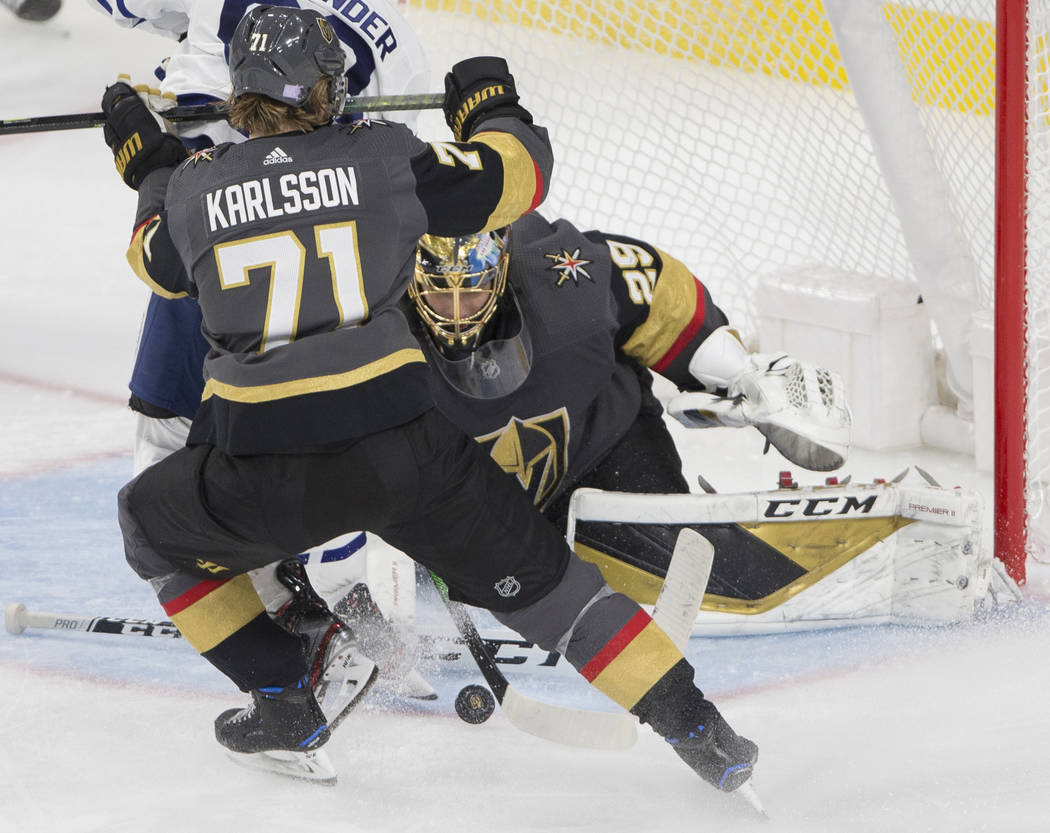 Vegas Golden Knights goaltender Marc-Andre Fleury (29) makes a save against Toronto Maple Leafs ...