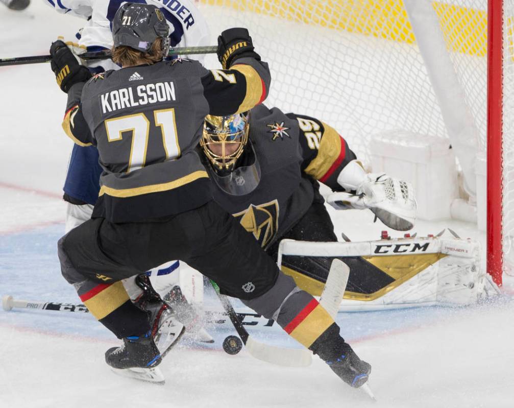 Vegas Golden Knights goaltender Marc-Andre Fleury (29) makes a save against Toronto Maple Leafs ...