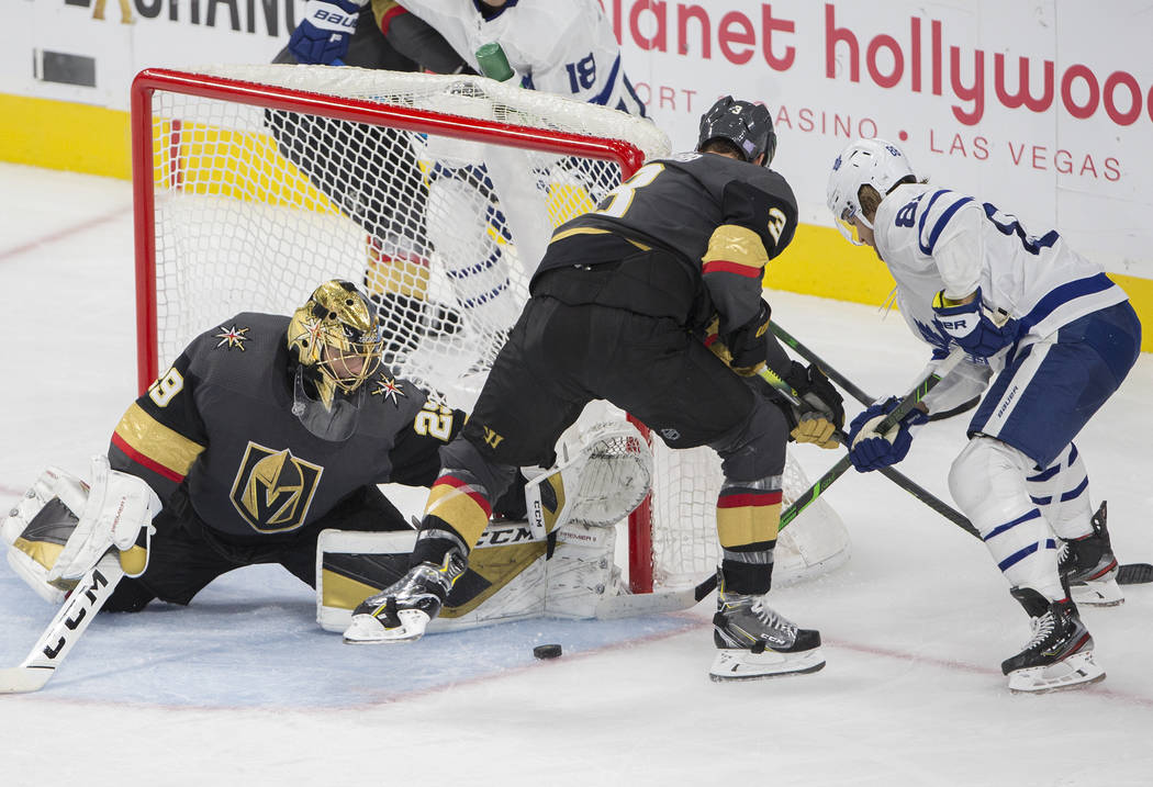Vegas Golden Knights goaltender Marc-Andre Fleury (29) makes a save against Toronto Maple Leafs ...