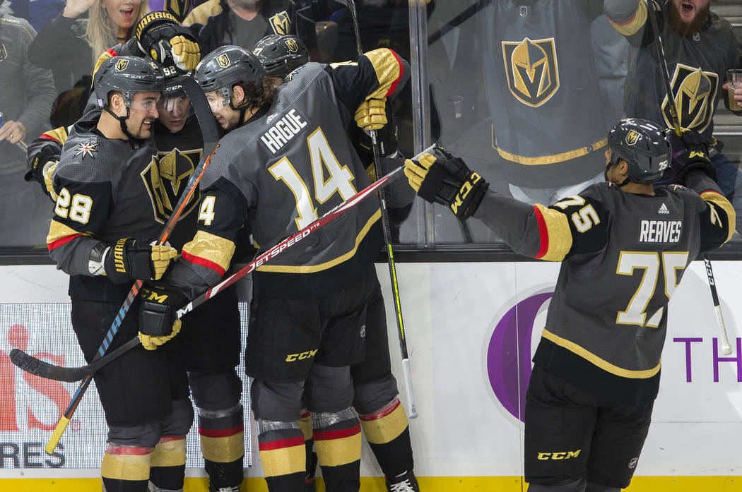 Vegas Golden Knights left wing William Carrier (28), Vegas Golden Knights left wing Tomas Nosek ...