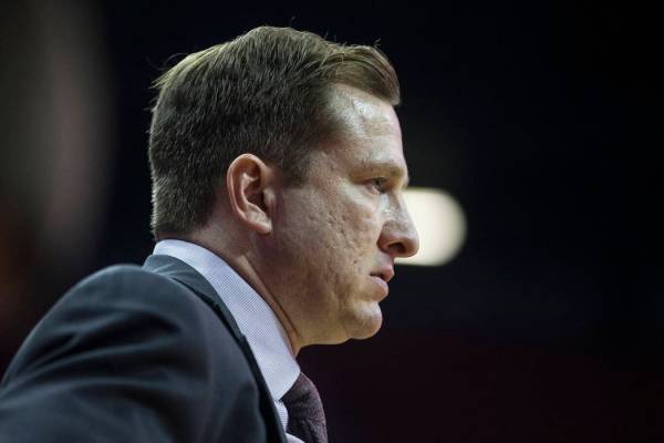 UNLV Rebels head coach T.J. Otzelberger watches as the final seconds tick down in the second ha ...